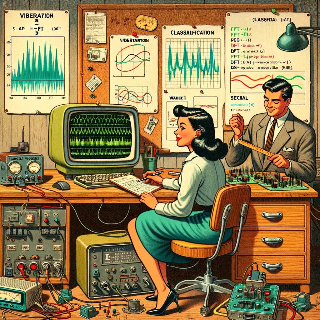 DALL·E 3 Prompt: 1950s style cartoon illustration of a Latin male and female scientist in a vibration research room. The man is using a calculus ruler to examine ancient circuitry. The woman is at a computer with complex vibration graphs. The wooden table has boards with sensors, prominently an accelerometer. A classic, rounded-back computer shows the Arduino IDE with code for LED pin assignments and machine learning algorithms for movement detection. The Serial Monitor displays FFT, classification, wavelets, and DSPs. Vintage lamps, tools, and charts with FFT and Wavelets graphs complete the scene.