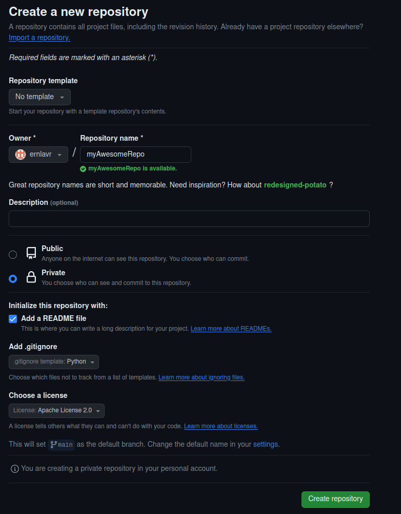 Example settings of a new git repo